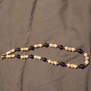 Gold Plated Necklace with blue / pearl  / brown. 16" chain (L3 241)